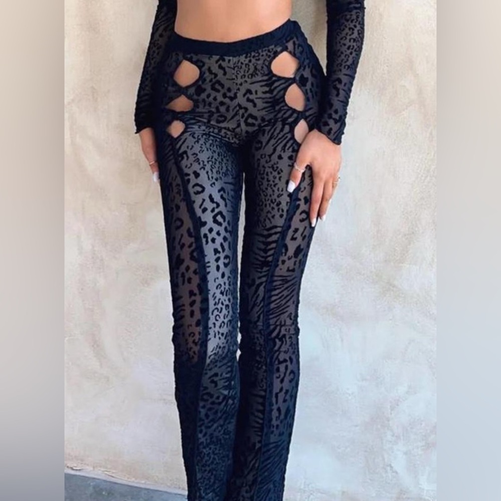 Sheer Black Animal-Print Cutout Flare Pants
